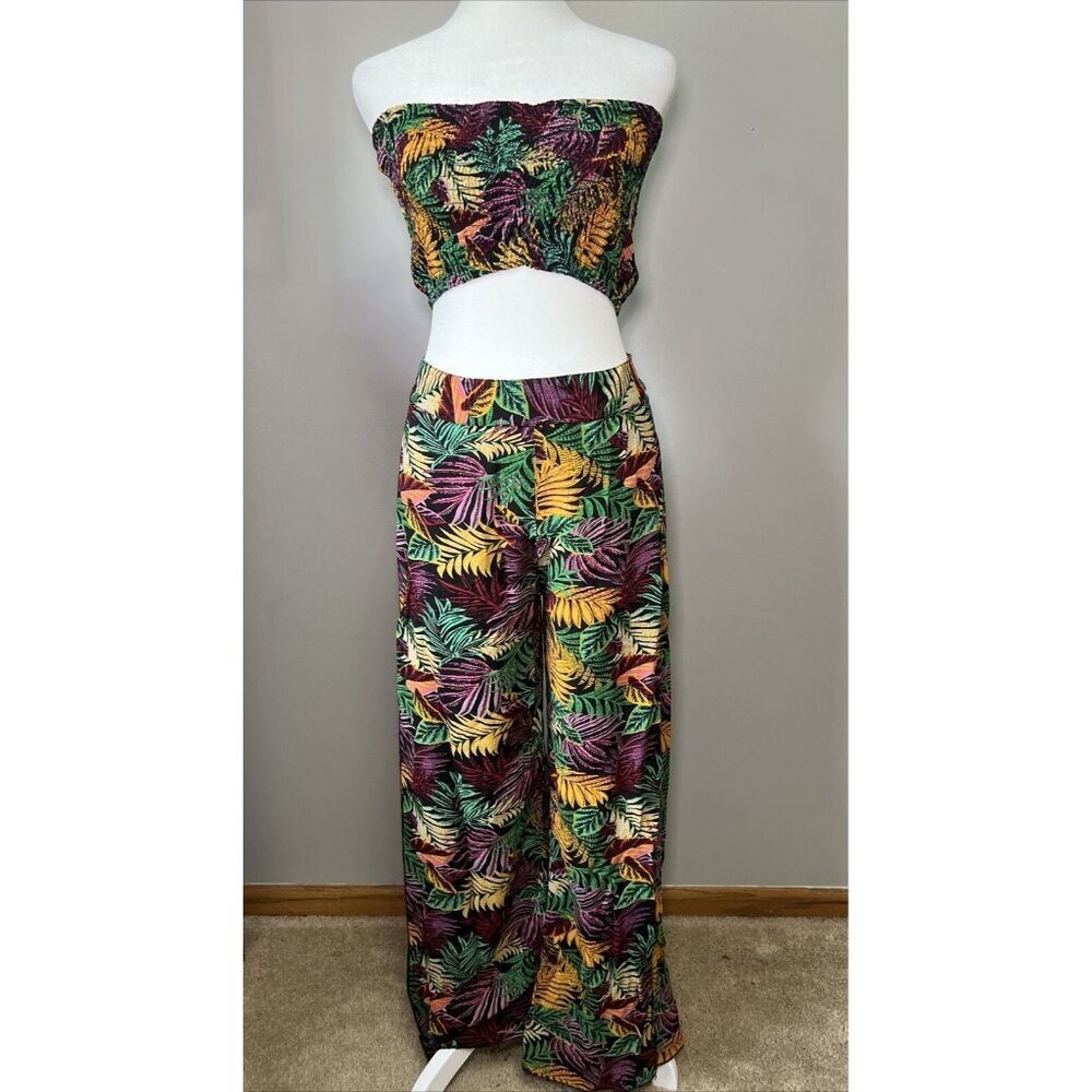 RR Hawaii Beachwear Tropical Tube Top Wide Leg Open Pant Set Size S/M Vacation